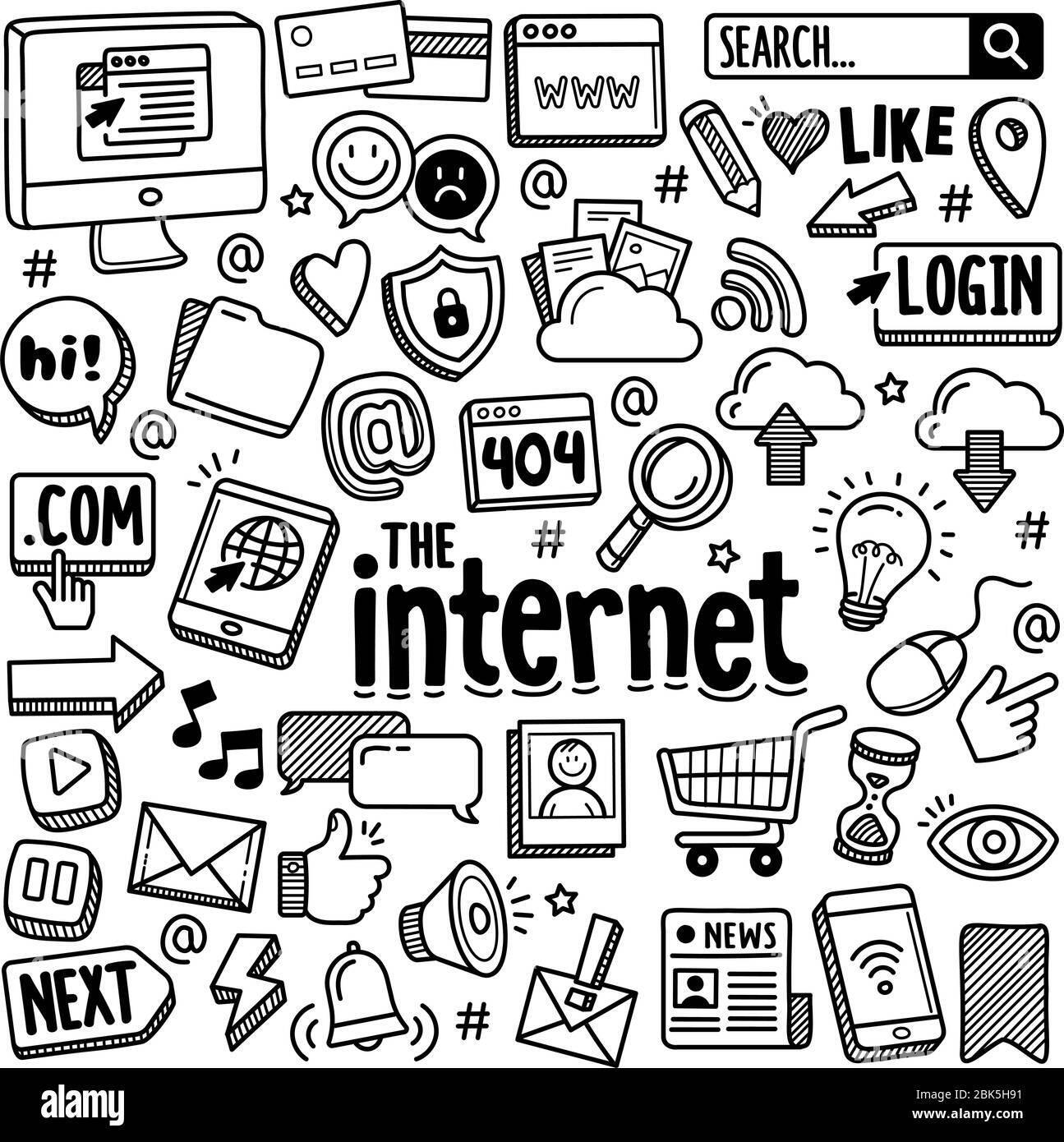 L'immagine è un collage di disegni a mano libera che rappresentano vari elementi associati all'Internet. Al centro, in caratteri grandi e ben visibili, si trova la scritta "THE INTERNET". Intorno a questa scritta, ci sono numerosi simboli e icone che rappresentano diverse funzionalità e aspetti dell'Internet. Tra questi simboli, si possono notare:

Un computer con una finestra di ricerca e un pulsante "SEARCH..." con un'icona di lente di ingrandimento.
Un pulsante "LOGIN" con un'icona di un segnaposto.
Un simbolo "[@]" che rappresenta l'indirizzo email.
Un simbolo di "404" che indica un errore di pagina non trovata.
Un simbolo di "LIKE" con un cuore.
Un simbolo di "COM" che rappresenta un dominio di primo livello.
Un simbolo di "NEXT" con un'arrows che indica la navigazione.
Un simbolo di "NEWS" con un giornale.
Un simbolo di "SHOPPING CART" con un carrello.
Un simbolo di "EMAIL" con un'immagine di un'etichetta di posta.
Un simbolo di "MUSIC" con note musicali.
Un simbolo di "VIDEO" con un pulsante di riproduzione.
Un simbolo di "CHAT" con un'icona di conversazione.
Un simbolo di "CLOUD" che rappresenta la cloud computing.
Un simbolo di "LOCK" che rappresenta la sicurezza.
Un simbolo di "LOCATION" con un'icona di un pin.
Un simbolo di "THUMBS UP" che rappresenta l'approvazione.
Questi simboli sono disposti in modo casuale, creando un collage che rappresenta la ricchezza e la varietà delle attività che si possono svolgere online.
