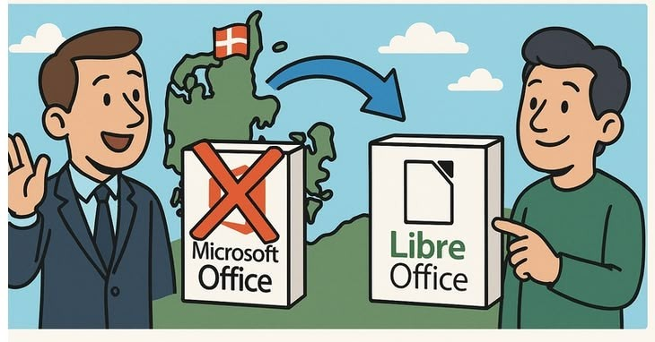 L'immagine illustra una scena con due personaggi umani. A sinistra, un uomo in abito scuro sorride e alza la mano in un gesto di saluto. A destra, un altro uomo in maglietta verde sorride e indica un pacchetto di "Libre Office". Tra i due personaggi, c'è un'immagine stilizzata della Danimarca con la bandiera nazionale. Un pacchetto di "Microsoft Office" è contrassegnato con un grande "X" rosso, indicando che non è consigliato. Un'arrows blu punta da "Microsoft Office" a "Libre Office", suggerendo un cambio o una preferenza per l'ultima. Lo sfondo è un cielo azzurro con nuvole bianche.

